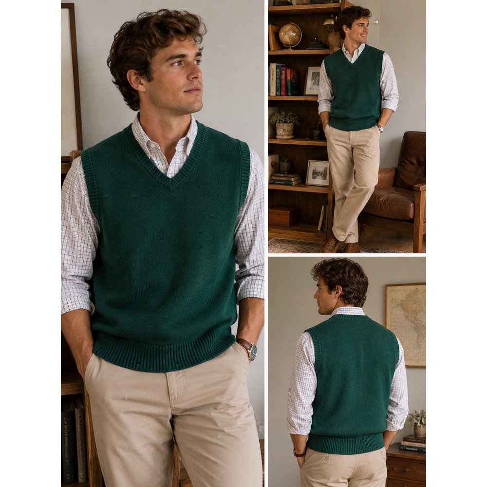Eddie Bauer Mens Vintage Forest Green Cotton Shaker Knit V-Neck Sweater Vest L‎